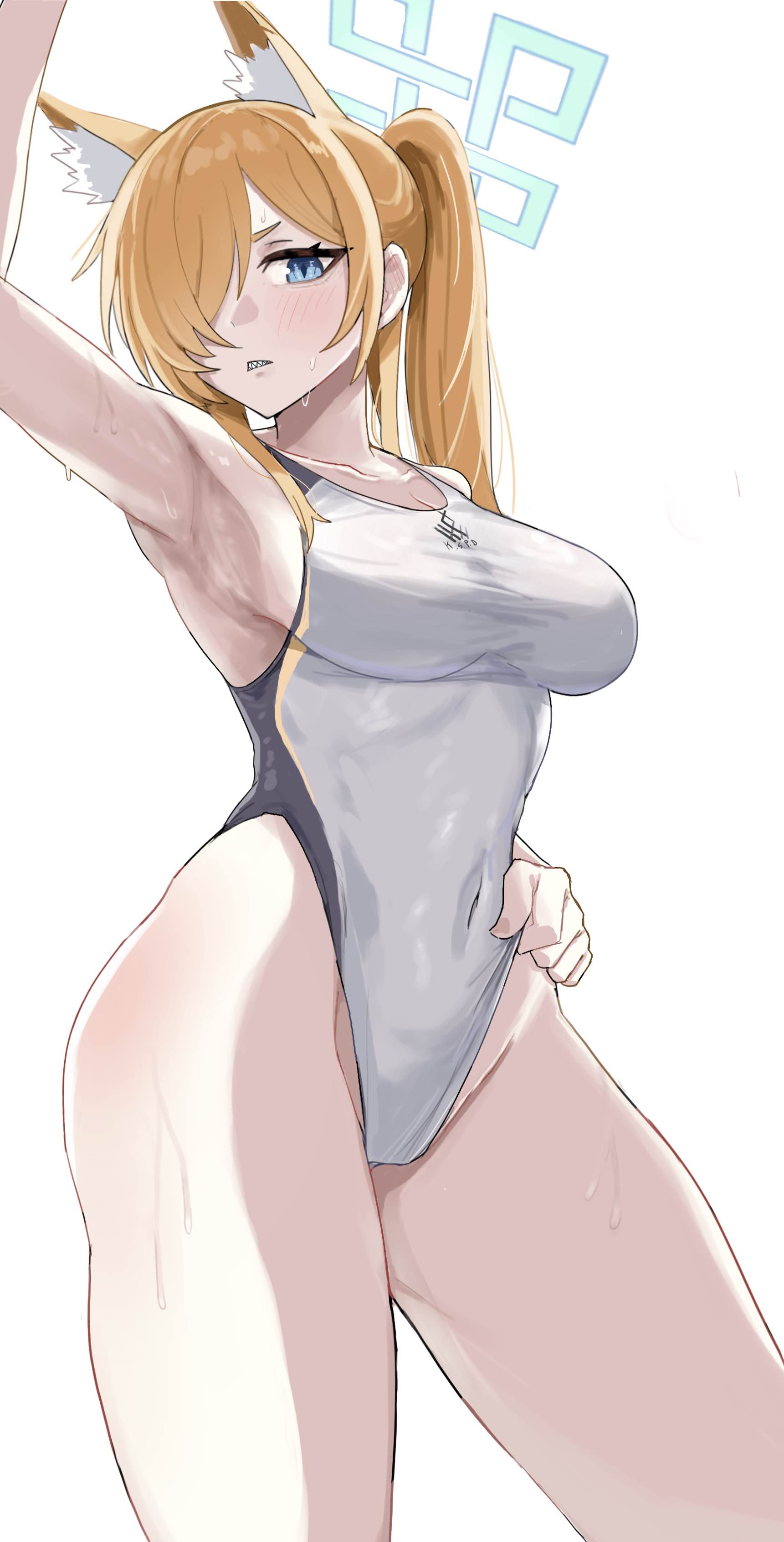 1girls, absurdres, adjusting clothes, adjusting swimsuit, animal ear fluff, animal ears, armpits, blonde hair, blue archive, blue eyes, blue halo, breasts, chan ye2, competition swimsuit, covered navel, cowboy shot, dog ears, dog girl, female, front view, hair over one eye, halo, highleg, highleg one-piece swimsuit, highres, kanna (blue archive), kanna (swimsuit) (blue archive), large breasts, long hair, looking at viewer, multi ear, notched ear, official alternate costume, one-piece swimsuit, ponytail, presenting armpit, revision, sharp teeth, simple background, solo, swimsuit, teeth, white background, white one-piece swimsuit
