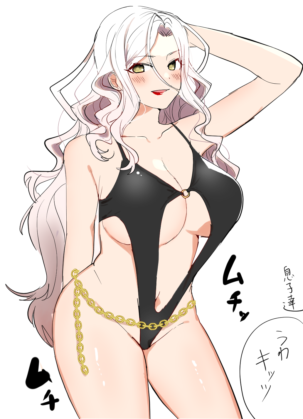 barely_clothed big_ass big_breasts diabolik_lovers gold_jewelry long_hair red_lipstick white_hair