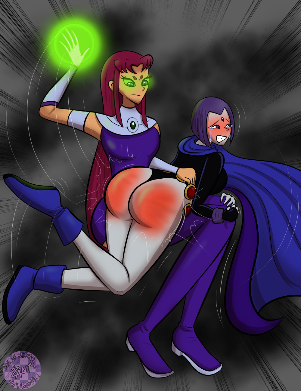 angry angry_face blush cartoony crying crying_with_eyes_open embarrassed flushed flustered punished punishment punishment_spanking raven_(dc) spank_marks spanked spanked_ass spanked_butt spanking spanking_ass spanking_butt starfire starfire_(teen_titans) teen_titans zani-alone