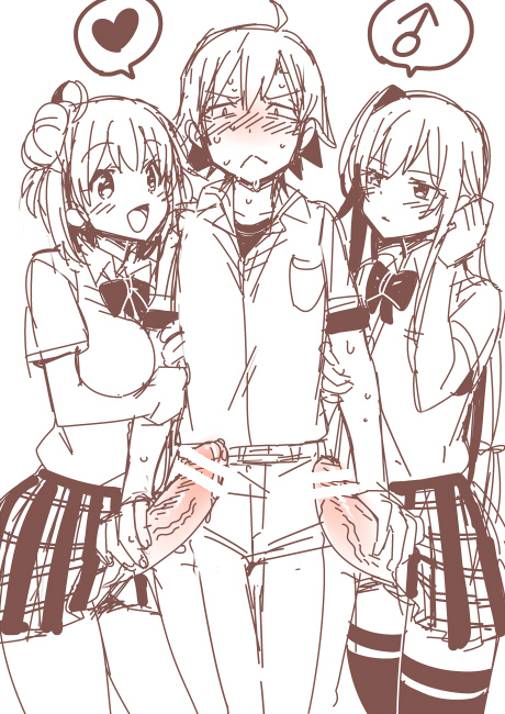 1boy 2futas :< blush censored cr-r erection female futa_with_male futanari hair handjob hikigaya_hachiman intersex long_hair malesub monochrome multiple_girls my_teen_romantic_comedy_snafu penis sanpaku school_uniform short_hair white_background yuigahama_yui yukinoshita_yukino