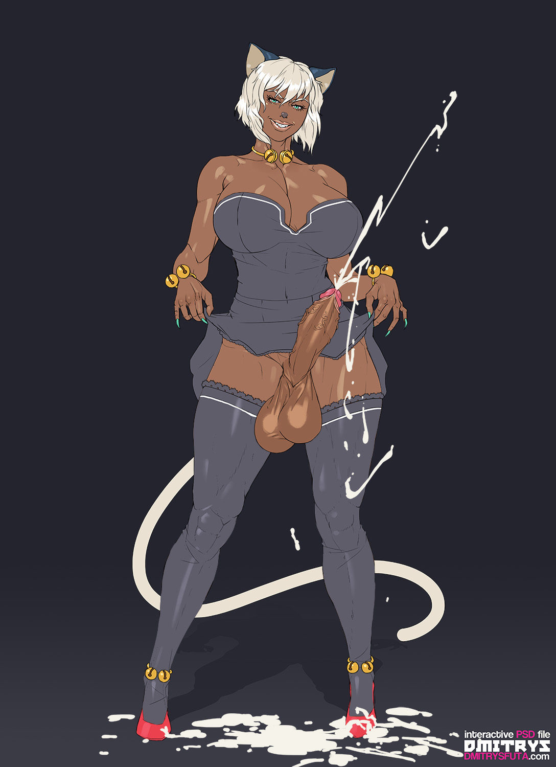 1futa, cat ears, cum, dark skin, dark-skinned futa, dmitrys, erection, futanari, ganguro, intersex, solo futa, stockings