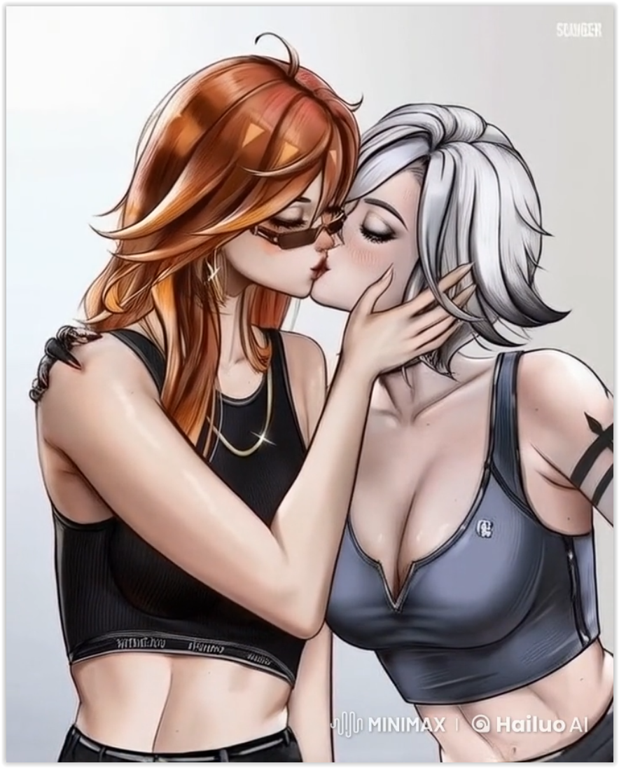 2girls 2milfs 2women ai_generated arlecchino_(genshin_impact) flirting genshin_impact girl_on_girl kissing lesbian_couple lesbian_kiss lovers mavuika_(genshin_impact) yuri