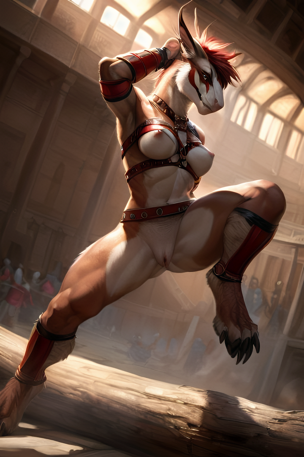 adam360 ai_generated anthro armor ass breasts bum claws feet felkin female furry gladiator leg_up tomboy vagina