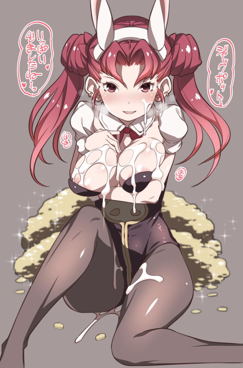 :d animal_ears areola_slip areolae blush breast_hold breasts bunny_ears bunnysuit cleavage coin cum cum_on_body cum_on_breasts cum_on_lower_body cum_on_upper_body detached_collar double_bun earrings facial fake_animal_ears female granblue_fantasy grey_background grey_legwear hair_intakes hairband highres jewel_resort_bunnygirl jewelry large_breasts long_hair looking_at_viewer money nenemaru open_mouth pantyhose red_eyes red_hair red_ribbon ribbon smile solo sparkle tied_hair twintails