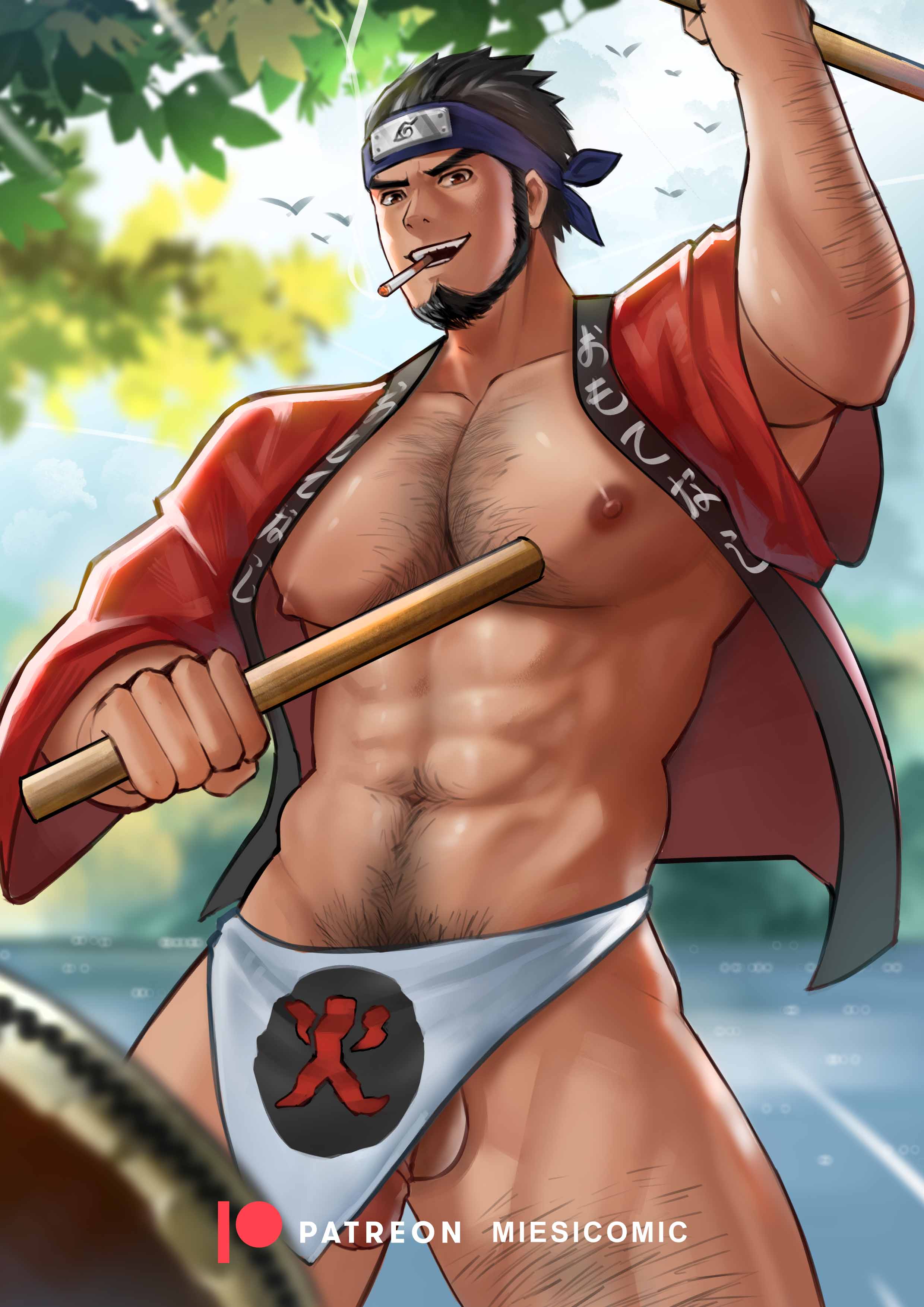 balls bara beard facial_hair flaccid headband male male_only miesicomic muscles muscular naruto penis sarutobi_asuma solo solo_male