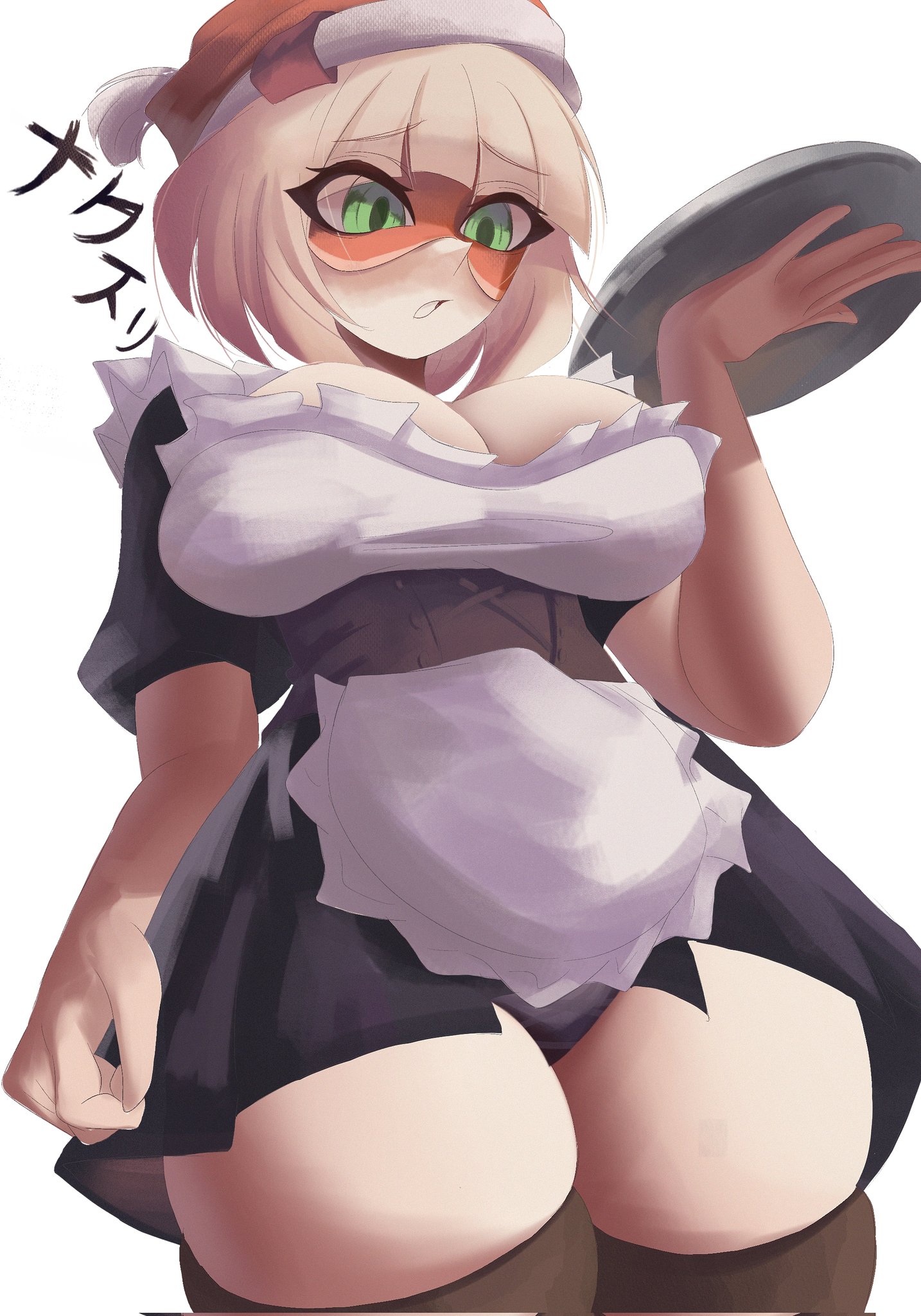 1girls, alternate costume, arms (game), blonde hair, breasts, cleavage, female, large breasts, maid, maid outfit, min min (arms), naxless, nintendo, serving tray, simple background, solo, solo female, solo focus, thick thighs, thighhighs, thighs, white background