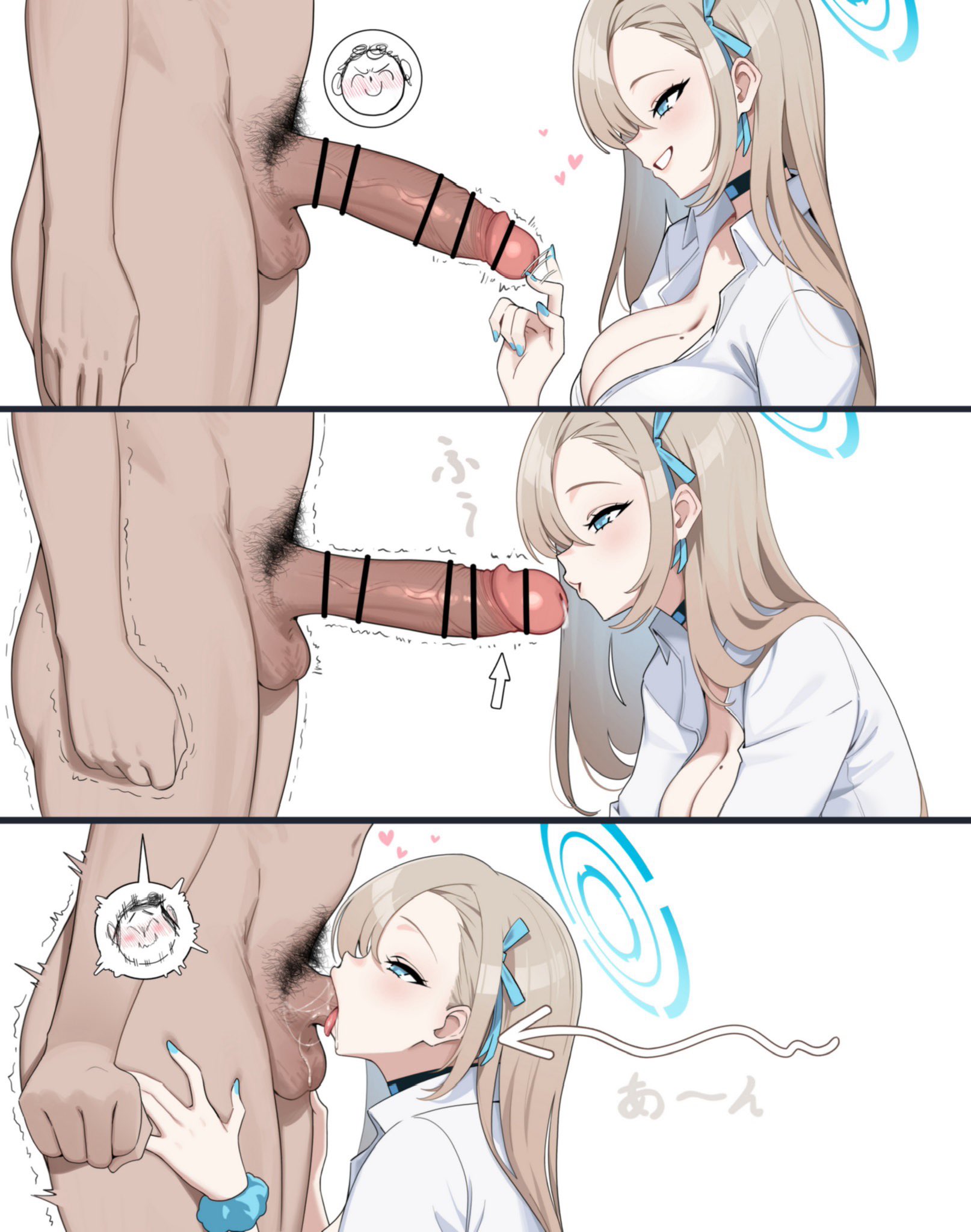 1boy, 1girls, 3koma, asuna (blue archive), asuna (school uniform) (blue archive), big breasts, big penis, blowing, blue archive, breasts, cleavage, deepthroat, female, huge cock, kissing penis, large breasts, long penis, male, penis, playing with penis, school uniform, tip tease