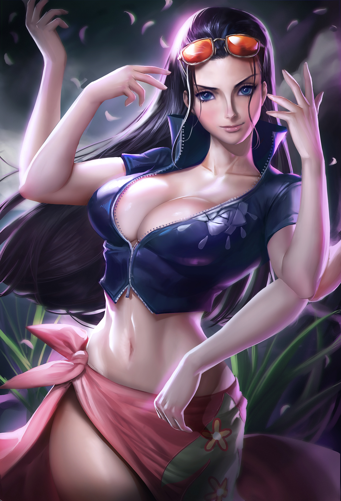 1girls, akuma no mi, black hair, black-haired female, blue eyes, cleavage, female, female only, glasses, hana hana no mi, high res, long hair, multi arm, multi limb, navel, nico robin, one piece, post-timeskip, sakimichan, sarong, skirt, solo, sunglasses