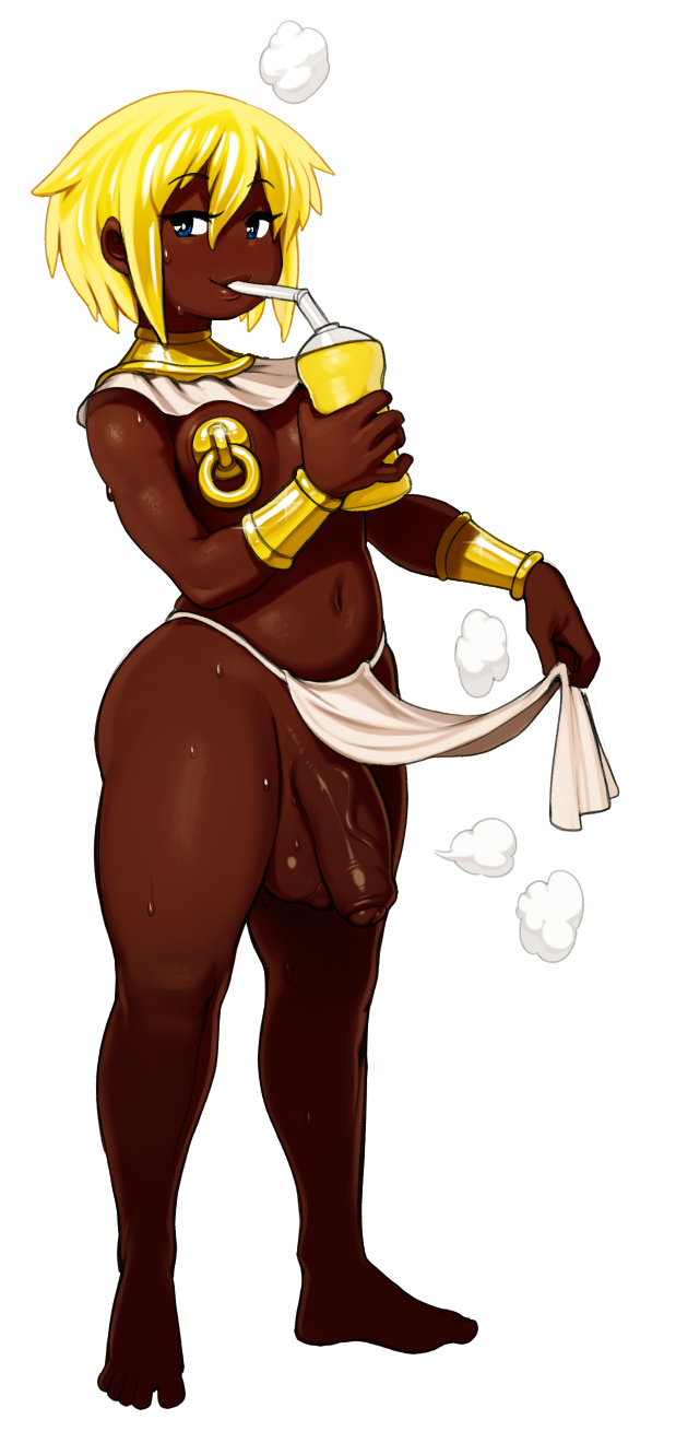 1futa, ami dixie, balls, blonde hair, blue eyes, dark skin, dark-skinned futa, drinking, flaccid, foreskin, full length, full-length portrait, futa only, futanari, intersex, loincloth, modeseven, navel, penis, portrait, short hair, solo, solo futa, standing, testicles, uncircumcised