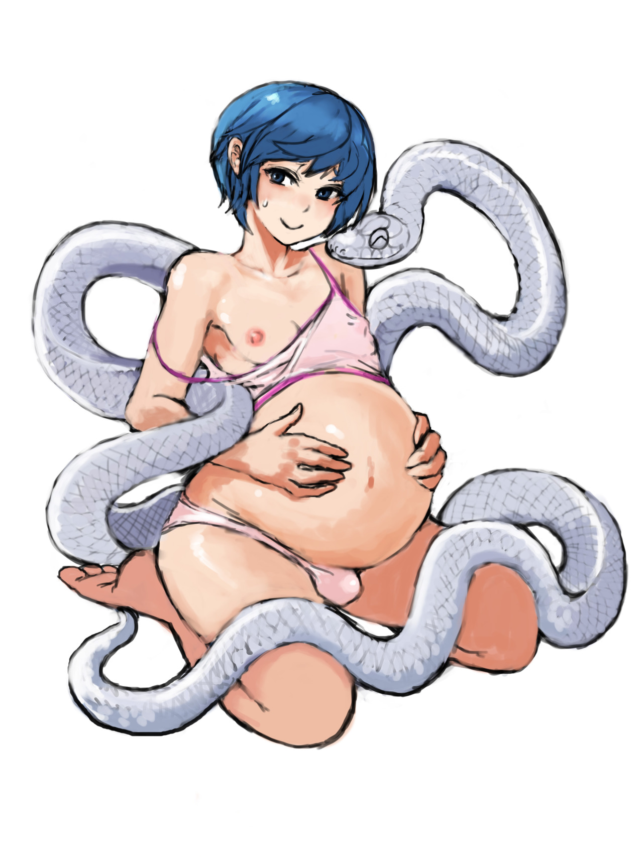 1boy, 2n5, androgynous, balls, balls in panties, belly bulge, blue hair, bulge, clothing, darops, femboy, girly, kneeling, male, male only, male pregnancy, navel, nipples, panties, penis, penis in panties, pregnancy, pregnant, pregnant male, ready to pop, reptile, short hair, smile, snake, solo, sweatdrop, tank top