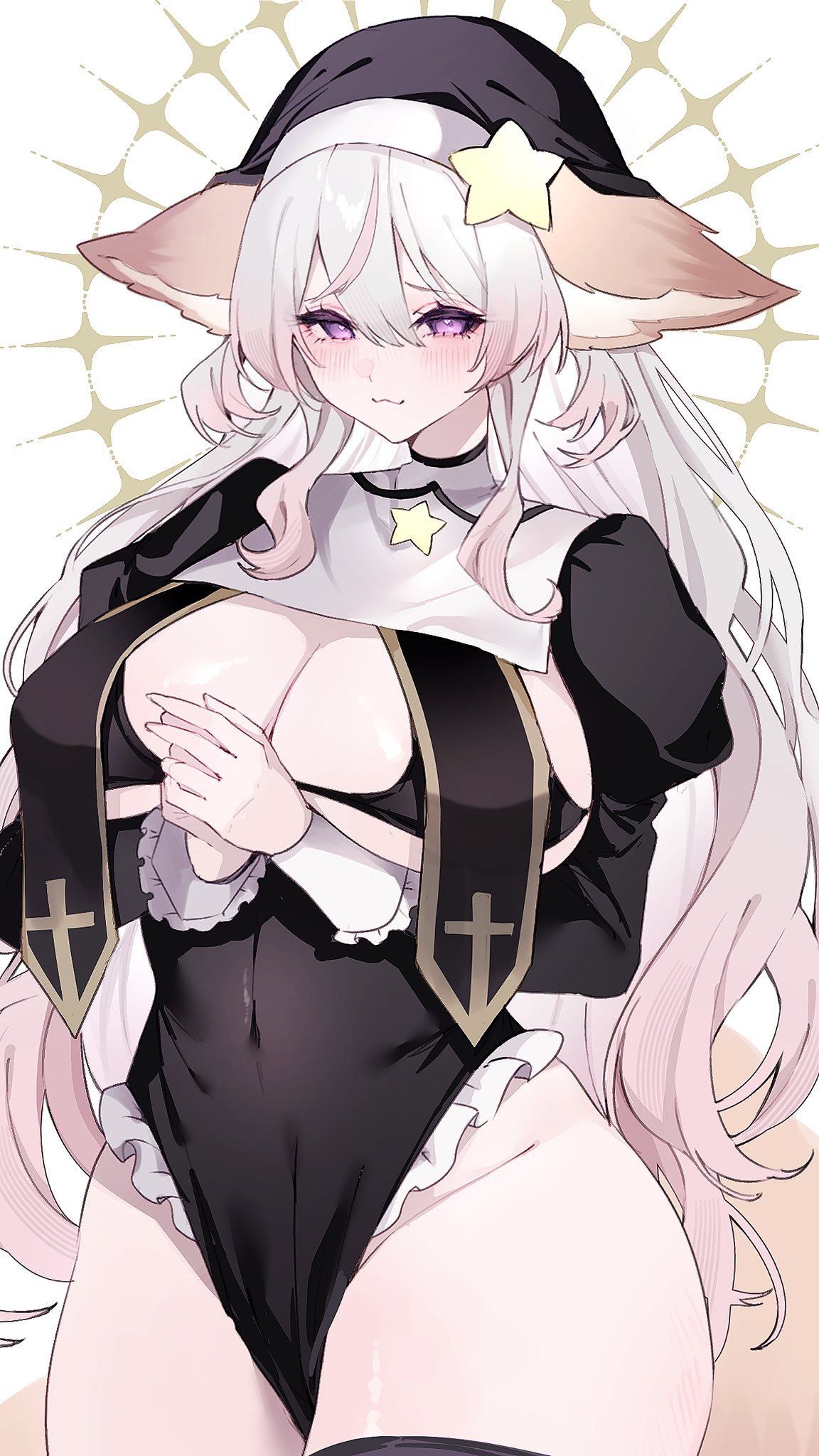 :3, 1girls, 2025, animal ears, annytf, anoyode, arms under breasts, bare legs, bare thighs, big breasts, blush, breasts, clothed, clothing, female, female only, grey hair, heart, hi res, higan (anoyode), large breasts, legs, light skin, light-skinned female, long hair, looking at viewer, nun, nun outfit, original, purple eyes, simple background, solo, tail, thick, thick thighs, virtual youtuber, white background, white hair, white skin