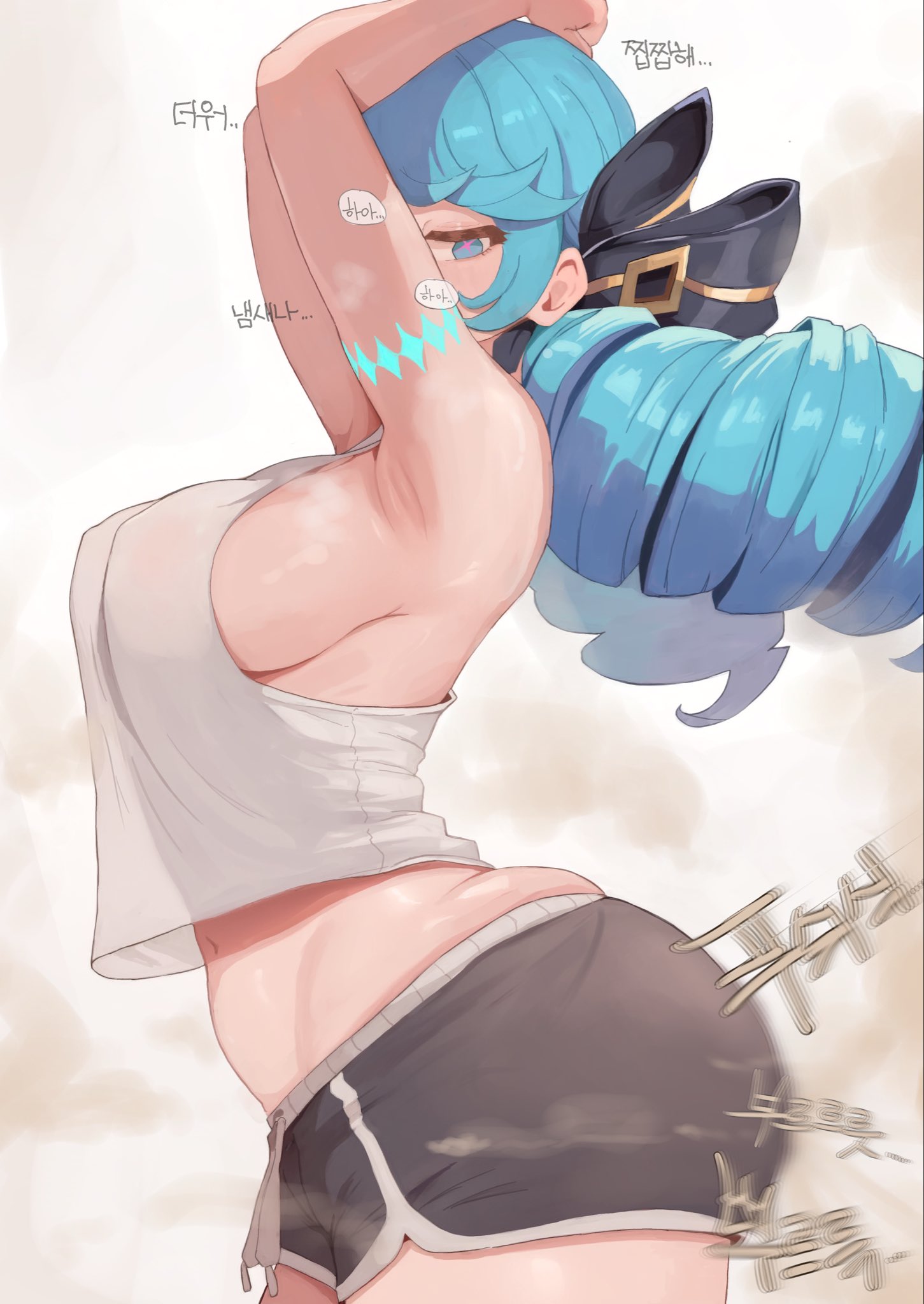 arched back, armpits, arms up, ass, ass focus, blue eyes, blue hair, butt, butt focus, casual clothes, dolphin shorts, drill hair, fart, fart cloud, fart fetish, farting, female, gwen (league of legends), hair ribbon, korean text, large breasts, league of legends, long hair, looking at viewer, midriff, navel, short shorts, shorts, sideboob, simple background, solo, somang, translation request, white background, white shirt