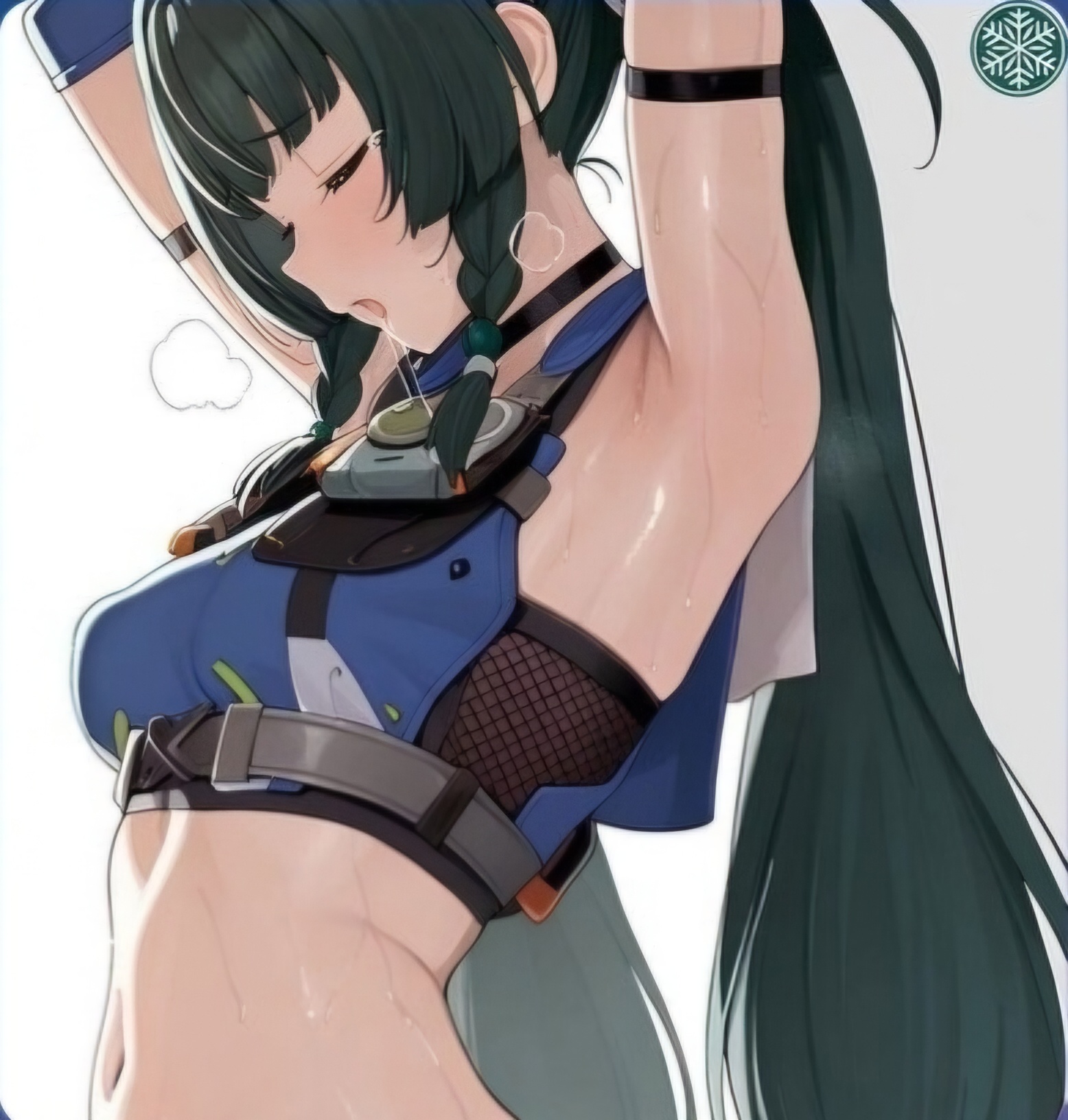 armpits, arms up, closed eyes, navel, open mouth, qingyi (zenless zone zero), saliva, sweat, zenless zone zero