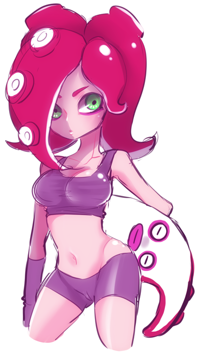 ambiguous_gender anthro big_breasts breasts cameltoe cephalopod cephalopod_humanoid female green_eyes humanoid long_hair looking_at_viewer mask_(marking) navel nintendo octarian octoling octoling_girl octoling_rival octopus red_hair shorts solo splatoon standing straight_hair suction_cup tank_top tentacle tentacle_hair