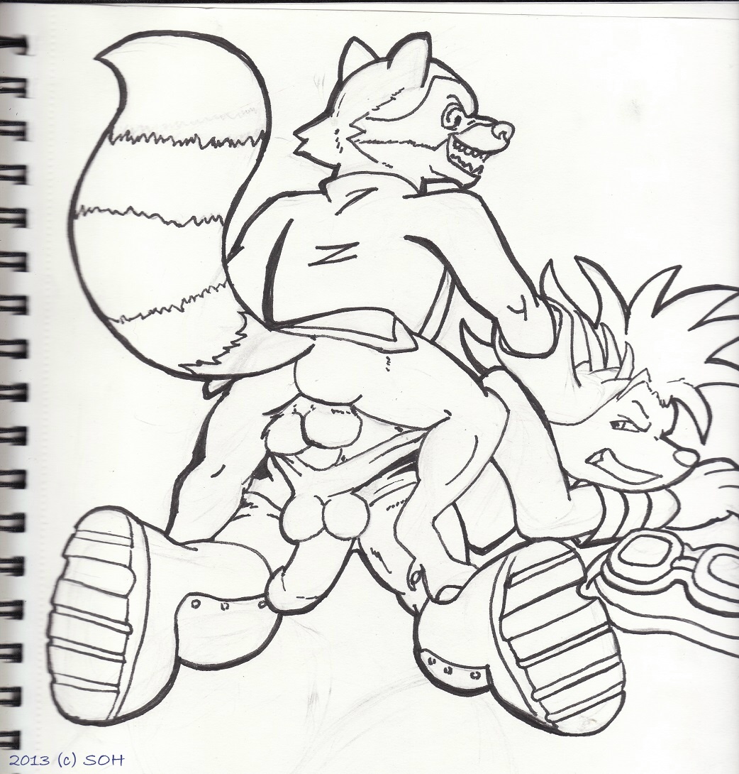 2boys anal angry clothed clothing crossover erection gay guardians_of_the_galaxy male male_only mammal marsupial marvel opossum raccoon rocket_knight_adventures rocket_raccoon sparkster unknown_artist yaoi