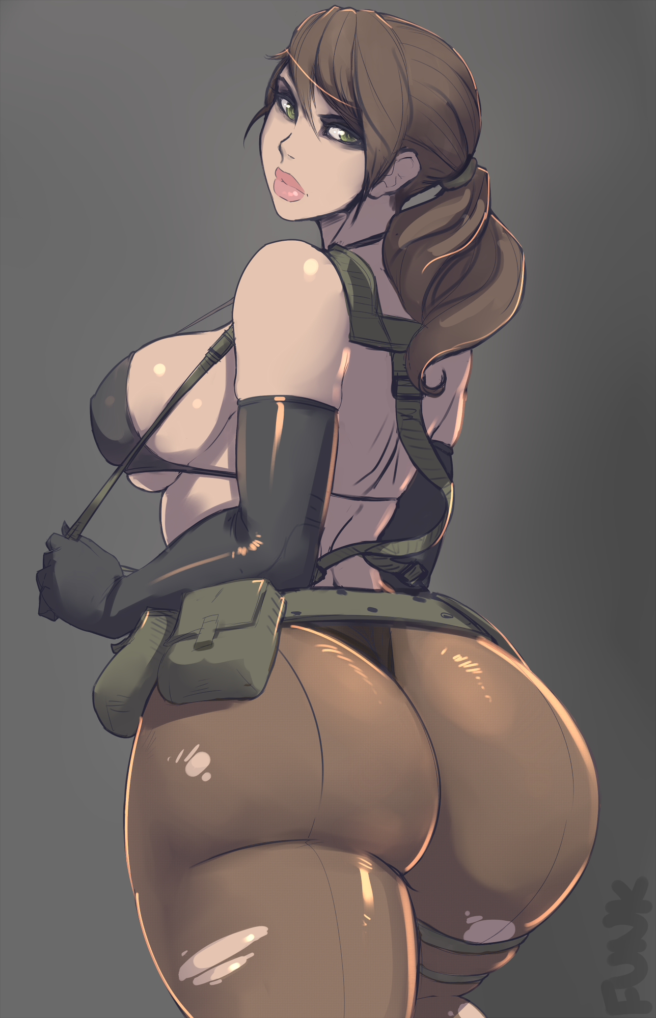 1girls, ass, back view, belt, big ass, bikini, breasts, brown hair, elbow gloves, female, female only, gloves, green eyes, huge ass, konami, large ass, large breasts, live for the funk, looking back, metal gear solid, metal gear solid v, pantyhose, ponytail, quiet (metal gear), sideboob, solo, standing, straps, thick thighs, thong, thunder thighs, tied hair, torn pantyhose