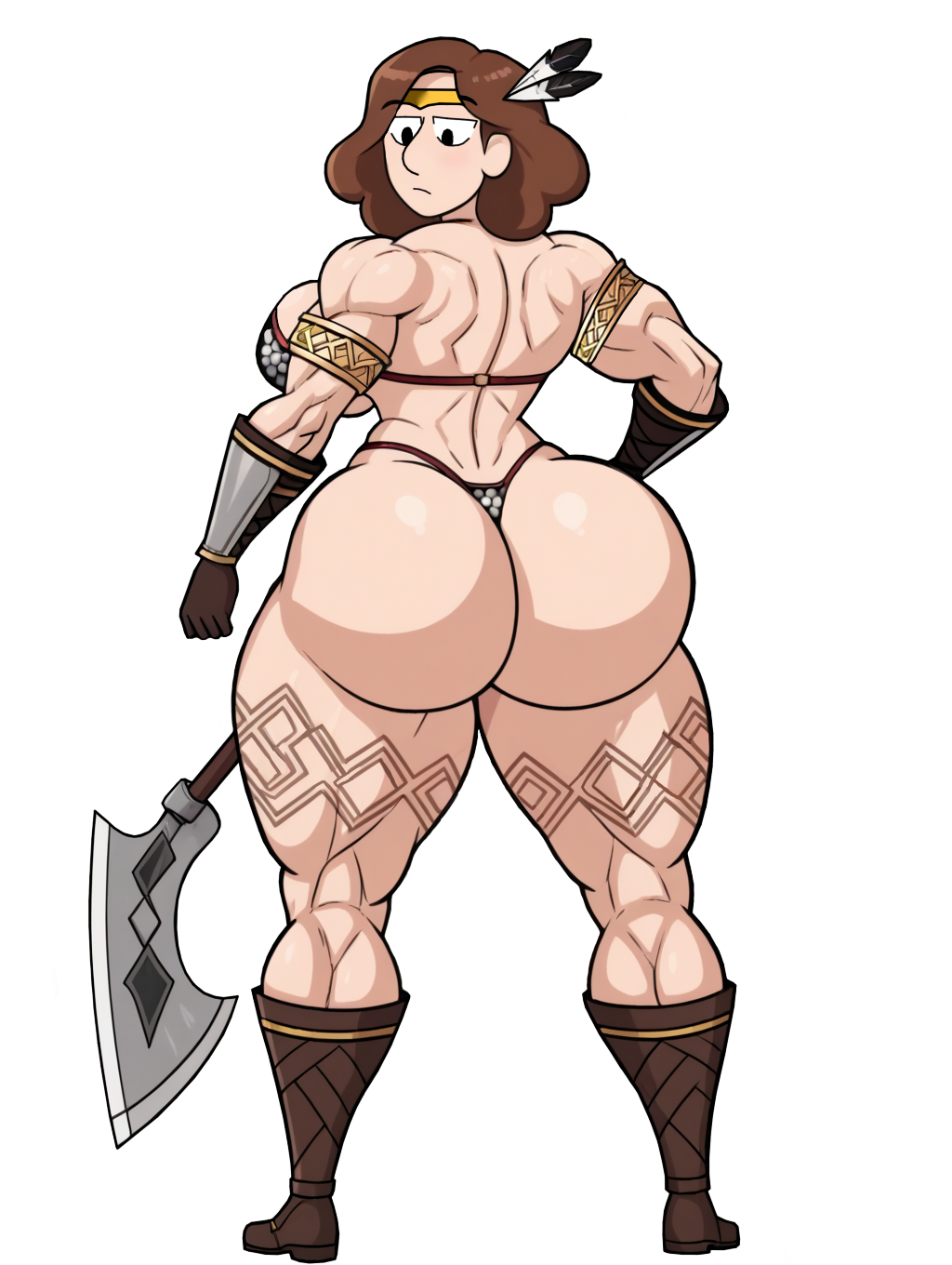 1girl ai_assisted ai_generated amazon amazon_(dragon's_crown)_(cosplay) amazonian axe backwards big_ass big_boobs big_breasts big_butt black_eyes boots bra brown_hair cosplay dumptruck_ass gloves hilda_(series) huge_ass huge_butt johanna_(hilda) mature_female medium_hair milf muscular muscular_ass muscular_female muscular_thighs netflix pointer_warrior_ai semi_nude tattoo_on_legs thick_ass thick_thighs thong transparent_background