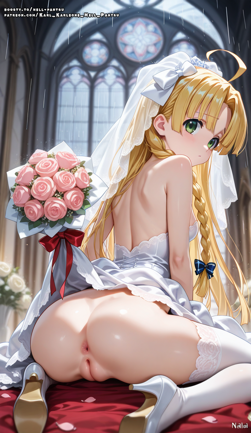 ahoge ai_generated asia_argento ass blonde_hair female green_eyes hell-pantsu high_school_dxd long_hair pussy small_breasts solo vagina wedding_dress