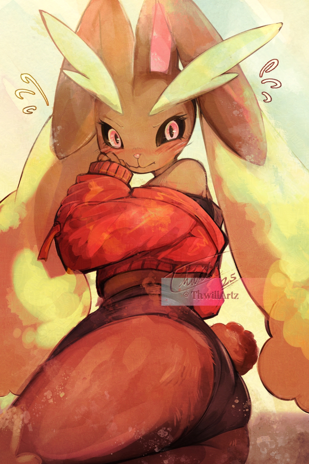 1girls, anthro, artist logo, artist signature, ass, ass focus, black sclera, blush, blushing, creatures (company), crop top, embarrassed, eyelashes, female, female focus, female only, flying sweatdrops, game freak, generation 4 pokemon, hips, lagomorph, looking back, lopunny, nintendo, nipples, off shoulder, pink eyes, pokémon (species), pokemon, pokemon (species), pokemon dppt, sleeves past wrists, solo, sweat, thick thighs, thwillartz, wide hips