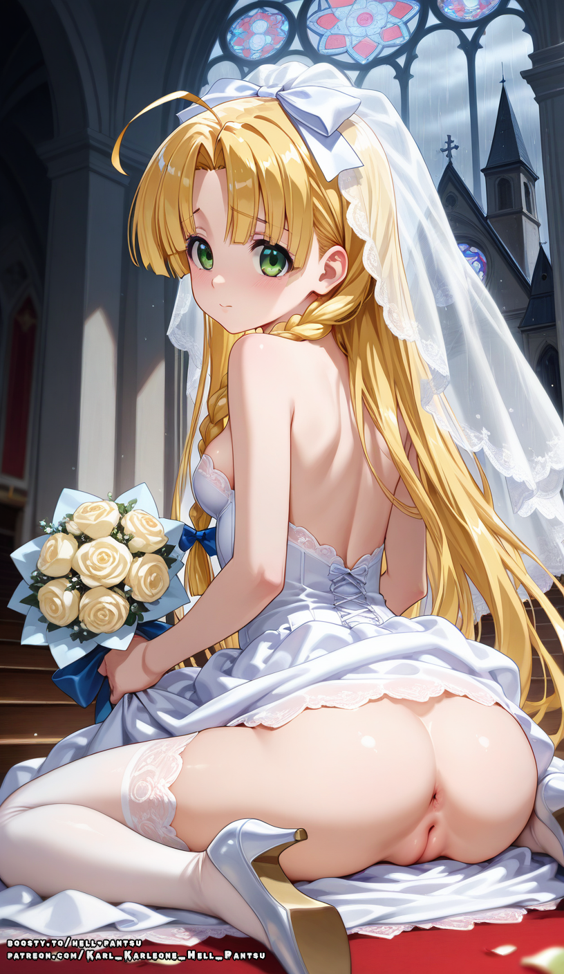 ahoge ai_generated asia_argento ass blonde_hair female green_eyes hell-pantsu high_school_dxd long_hair pussy small_breasts solo vagina wedding_dress