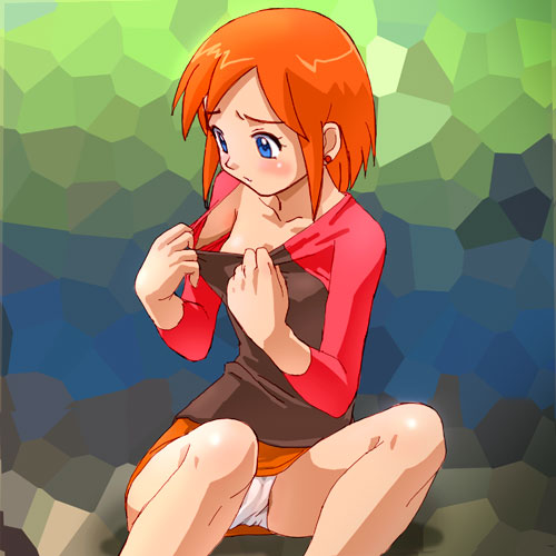 1girls blue_eyes blush down_blouse earrings female female_only haruyama human jewelry lowres luna_(mujin_wakusei_survive) miniskirt mujin_wakusei_survive panchira_sit panties pantyshot pantyshot_(sitting) pantyshot_sitting raglan_sleeves red_hair shirt_pull short_hair simple_background sitting skirt solo underwear uninhabited_planet_survive upskirt white_panties