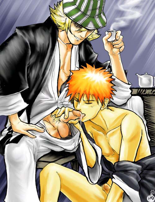 2boys balls bleach blonde_hair closed_eyes color colored erect_penis erection fellatio functionally_nude_male gay green_hat grin hat holding_penis ichigo_kurosaki kimono kisuke_urahara licking licking_penis licking_precum male male_only massive_destruction muscular open_shirt oral oral_sex orange_hair pants_down penis precum precum_drip precum_string short_penis small_penis smile spiky_hair spread_legs steam striped_hat tagme tea teapot tongue tongue_out yaoi