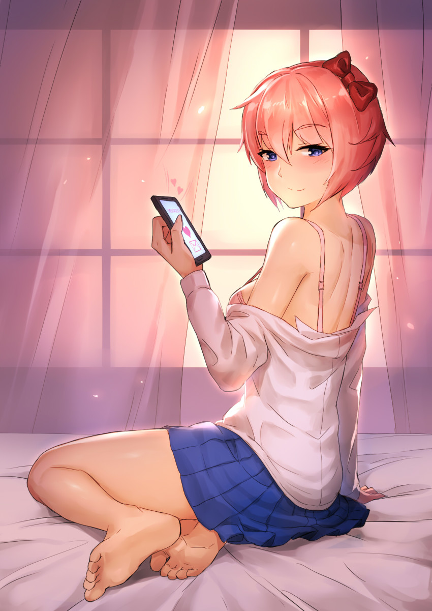 5_toes barefoot blue_eyes blue_skirt blush bow bra breasts cellphone doki_doki_literature_club feet female_only gao-lukchup hair_bow hair_ribbon hairbow heart hearts highres just_sayori light-skinned_female light_rays on_bed orange_hair phone pink_bra pink_hair red_bow red_hair_bow red_hairbow ribbon sayori_(doki_doki_literature_club) shirt_pull sitting sitting_on_bed skirt smartphone soles strawberry_blonde_hair sunlight underwear window