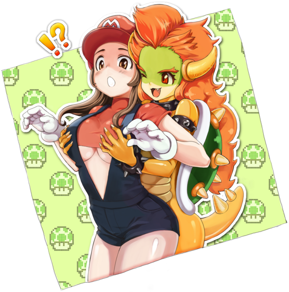 2girls blush blush_lines bowser bracelet breast_grab breasts brown_eyes brown_hair clothes color cute_fang female female_bowser female_only gloves green_shell groping hair hat horns human interspecies jewelry koopa layil long_hair mario_(cosplay) mario_(series) multiple_girls nintendo red_eyes red_hair rule_63 shell spiked_bracelet spikes spiky_shell straight_hair super_mario_bros. surprised surprised_arms underboob wink yuri