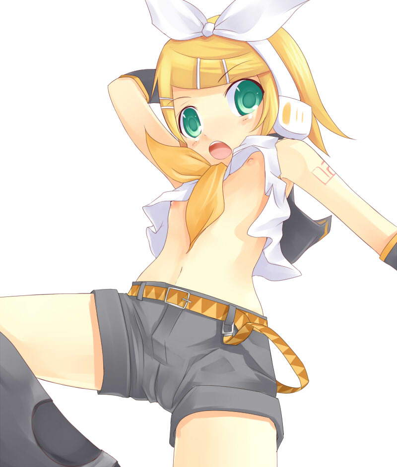 breasts color female female_only flat_chest from_below kagamine_rin minitesu nipples shorts solo vocaloid white_background