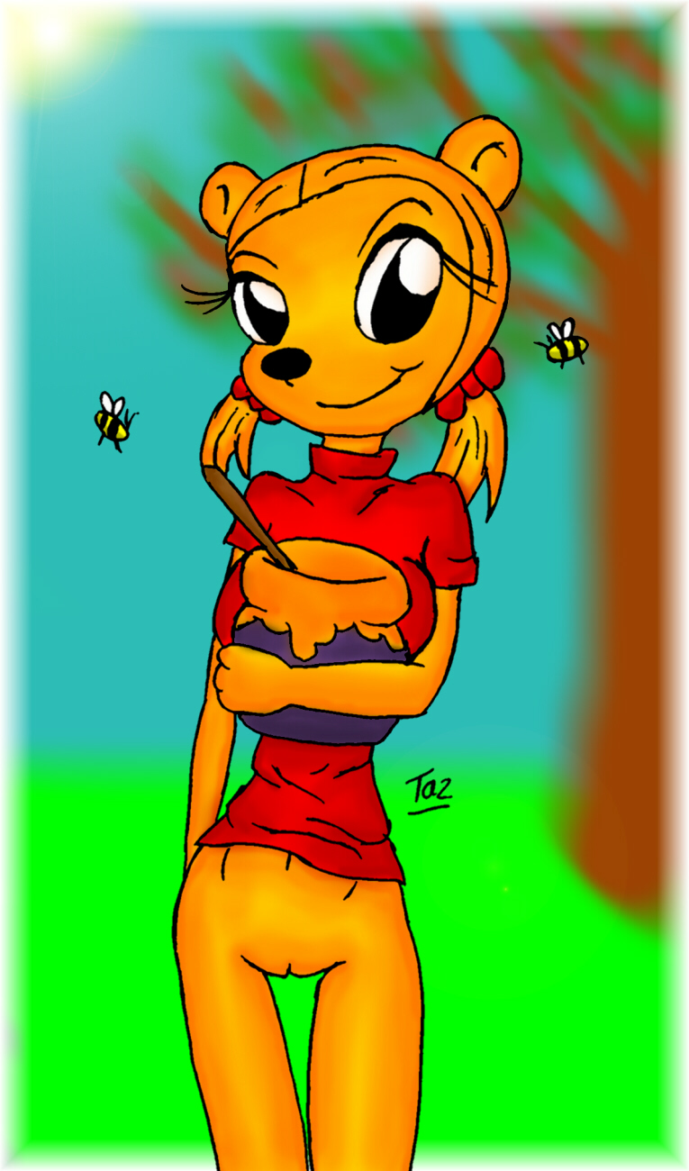 1girls anthro bee black_eyes black_nose bottomless bow closed_mouth clothes color day disney female female_only front_view fur furry furry_ears hair hairbow holding honey literature looking_at_viewer open_eyes orange_fur orange_hair outdoors pooh_bear pot public_domain pussy round_ears rule_63 shirt sky smile solo standing straight_hair tied_hair tree twintails vulva winnie_the_pooh_(franchise)