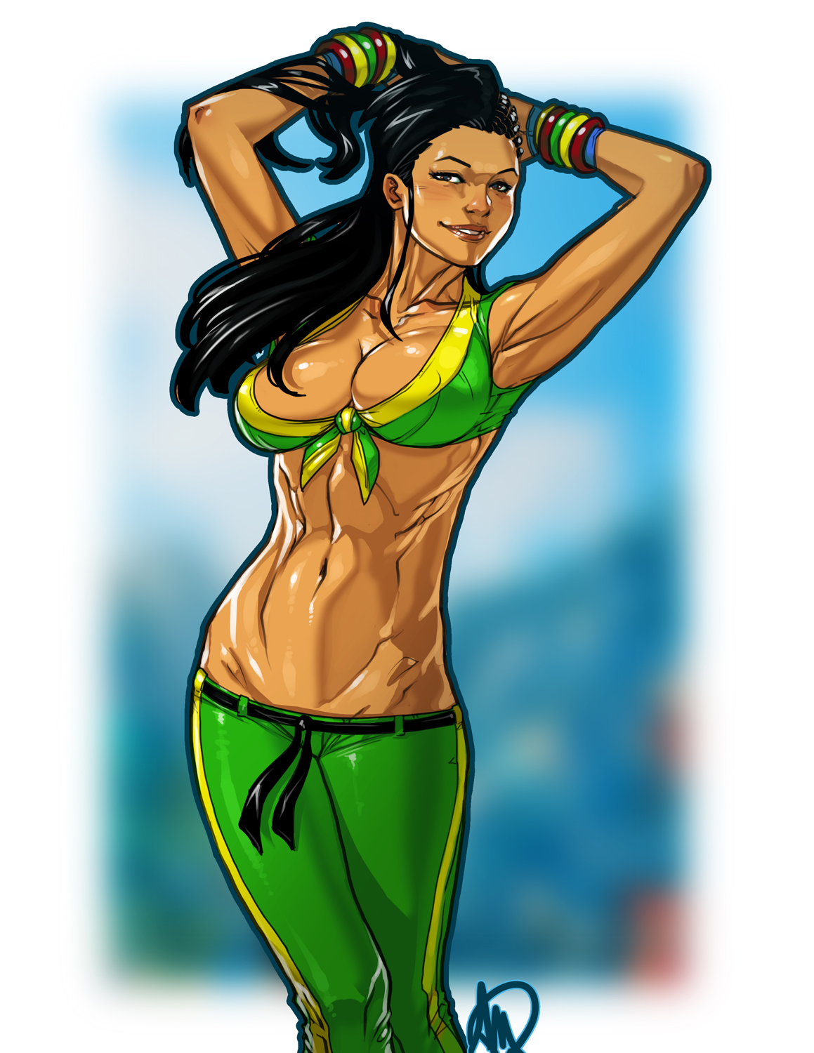1girls, abs, arms up, black hair, brazilian, brazilian female, breasts, capcom, cleavage, female, female only, ganassa, human, large breasts, latina, laura matsuda, long hair, lowleg, navel, smile, solo, standing, street fighter, street fighter v, video games