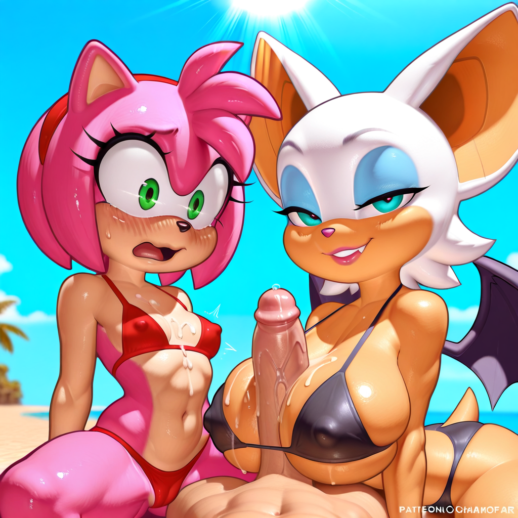 1girls ai_generated amy_rose anthro anthro_only ass athletic_female bat bat_wings big_breasts blue_eyes breasts chiropteran cleavage clothing dat_ass eyelashes eyeliner eyeshadow female female_only fur furry furry_only green_eyes handwear hedgehog huge_ass huge_breasts looking_at_viewer looking_back mobian_(species) mostly_nude nipples nude rodent rouge_the_bat sega sonic_(series) sonic_the_hedgehog_(series) sweat sweatdrop sweating thick_thighs white_hair wings