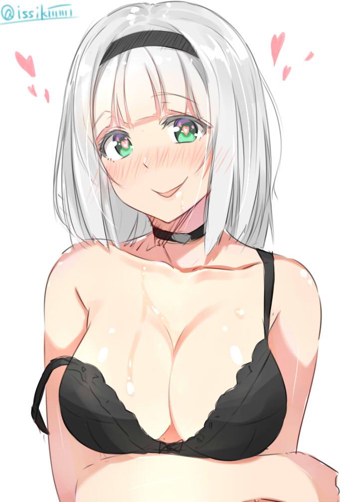 1girls, anna nishikinomiya, black bra, bra, breasts, collar, drooling, female, female only, green eyes, large breasts, saliva, shimoneta to iu gainen ga sonzai shinai taikutsu na sekai, short hair, solo, sweat, tagme, white hair