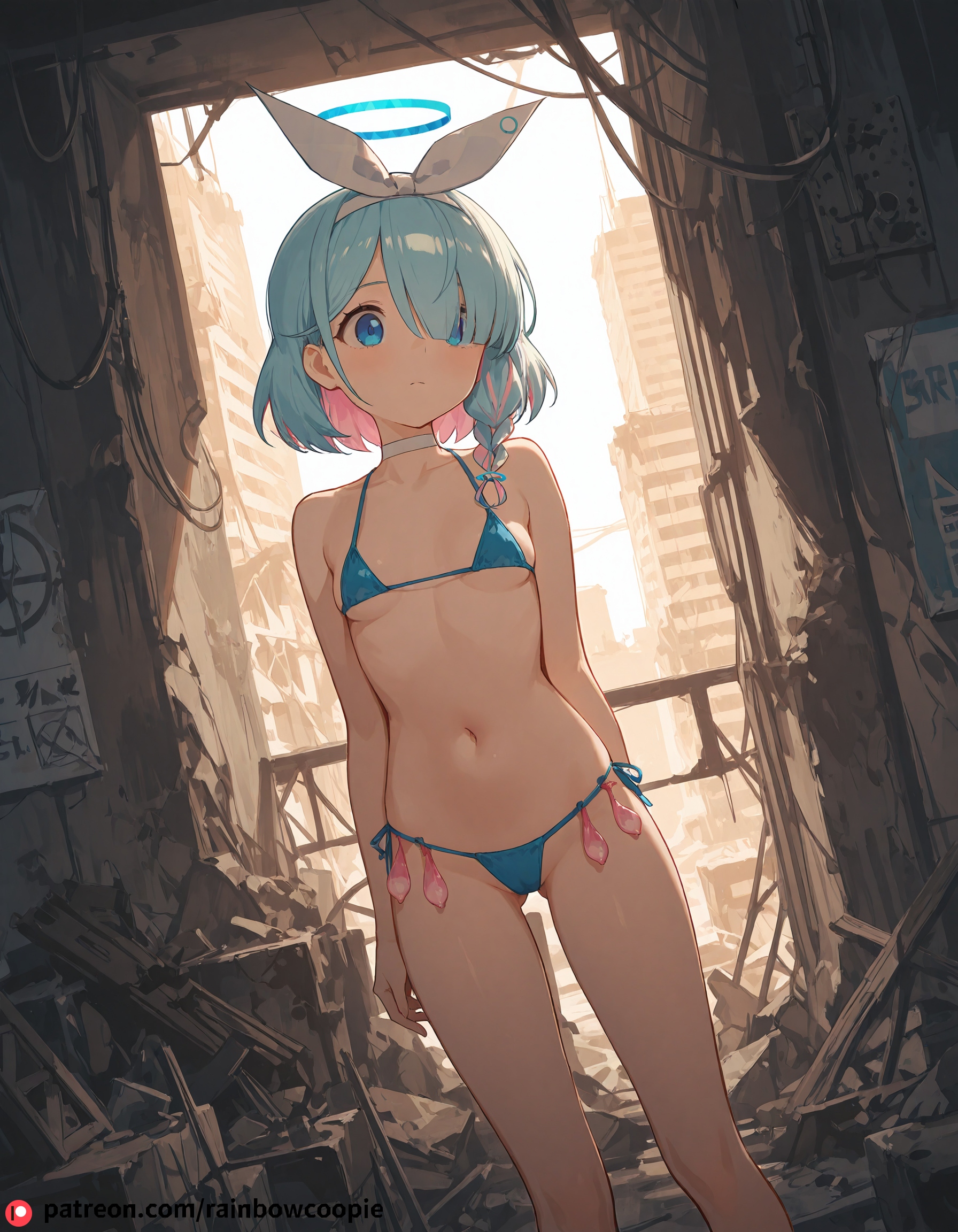 ai generated, arona (blue archive), bikini, blue archive, blue bikini, blue eyes, blue hair, breasts, condom belt, female, halo, navel, small breasts, used condom