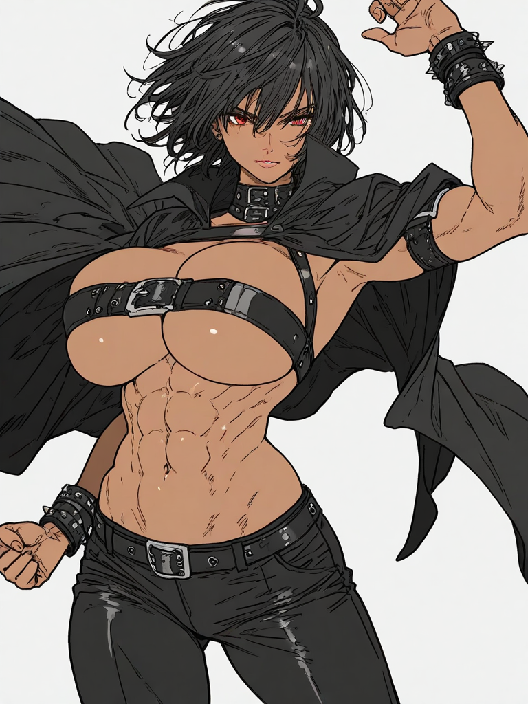 1girls ai_generated belt belt_bra black_cape black_hair black_pants cape cas_(kosine1777) choker dark_skin huge_breasts kosine1777 kosineverse muscular muscular_female original original_character pants short_hair skindentation spiked_bracelet tomboy top_heavy underboob