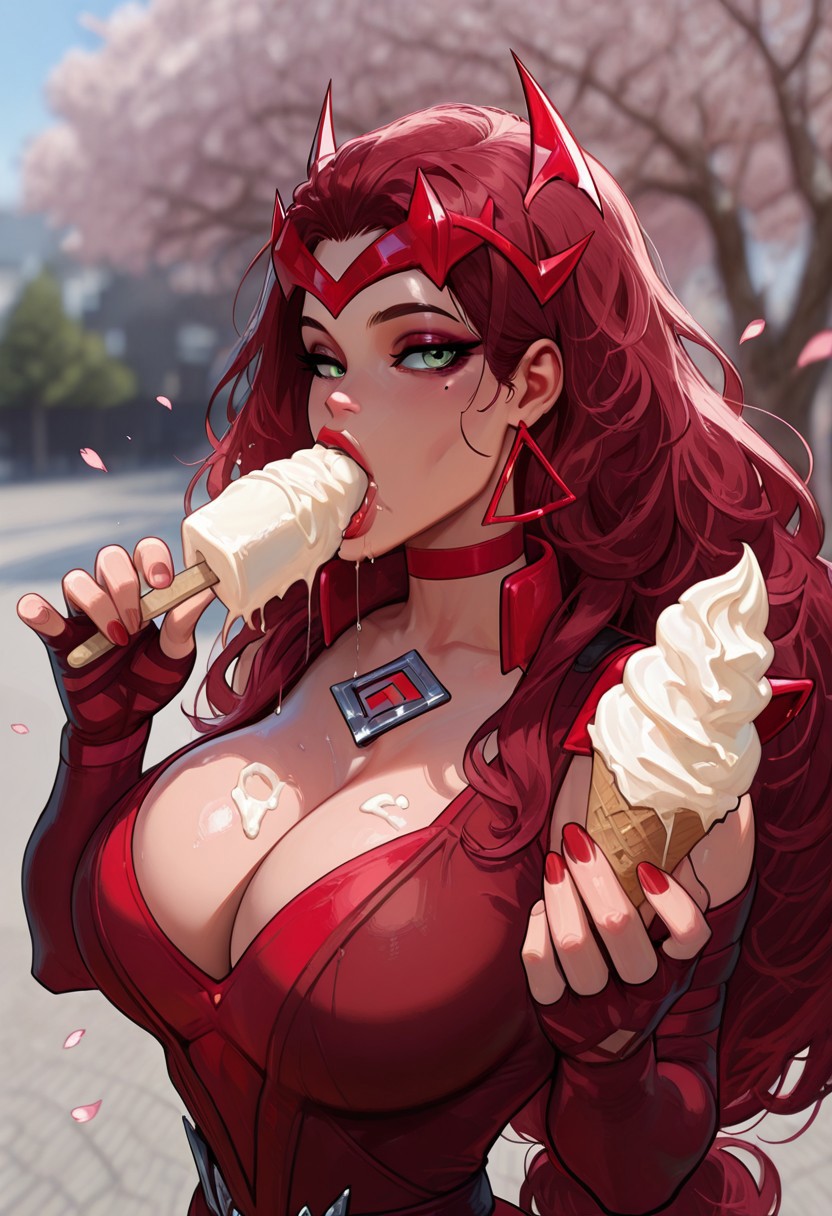 ai_generated antiheroine cute cute_girl diadem earrings eating female fingerless_gloves gloves green_eyes holding holds_out ice_cream ice_cream_on_breasts jewelry looking_at_partner marvel marvel_rivals nails park red_clothing red_hair red_lipstick red_nails scarlet_witch scarlet_witch_(marvel_rivals) superheroine walking walking_in_the_park wanda_maximoff younger_female