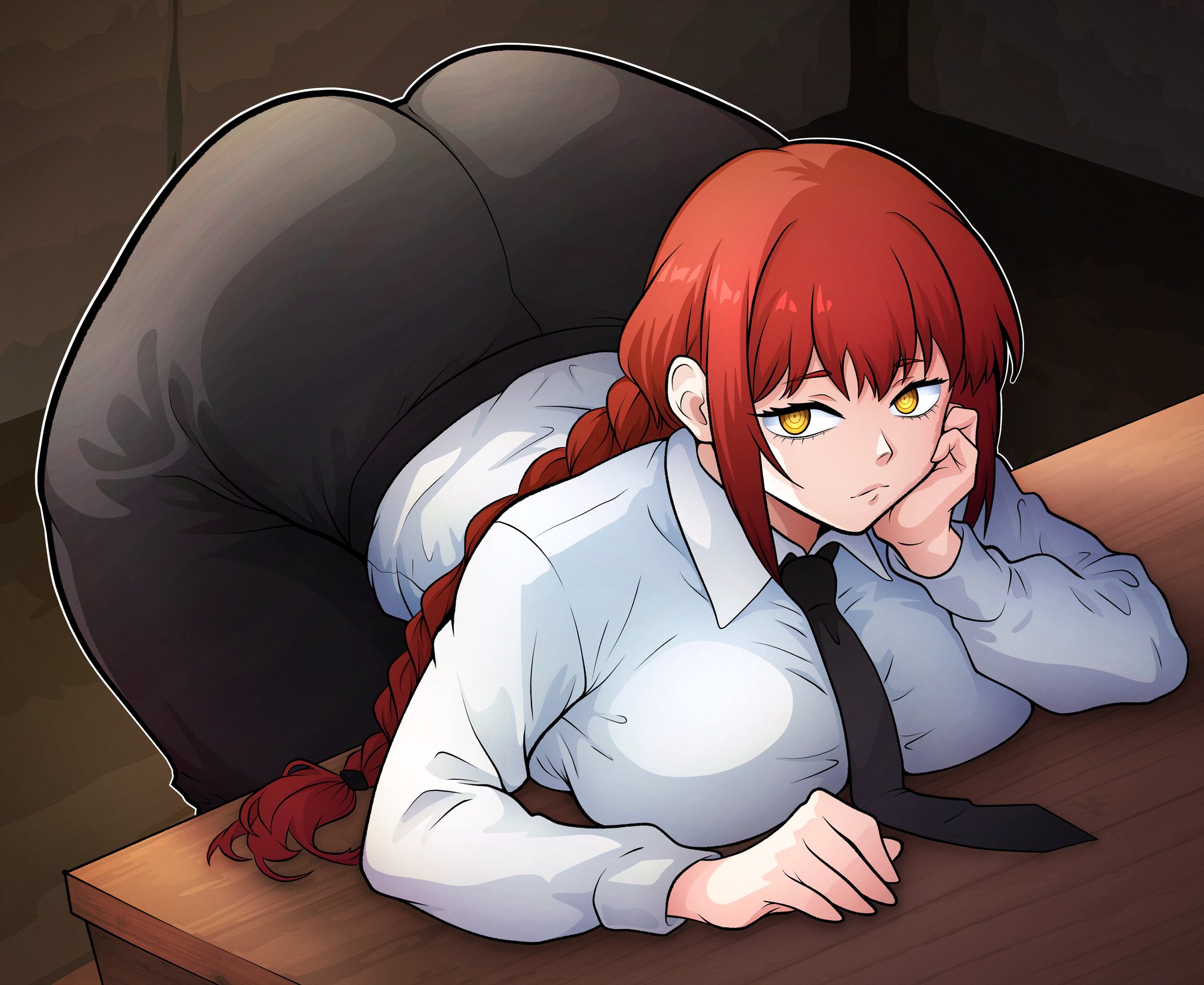1girls, acraeaaconite, ass, ass devil, bending over, big ass, black jeans, chainsaw man, fat ass, female, makima (chainsaw man), red hair, wide hips