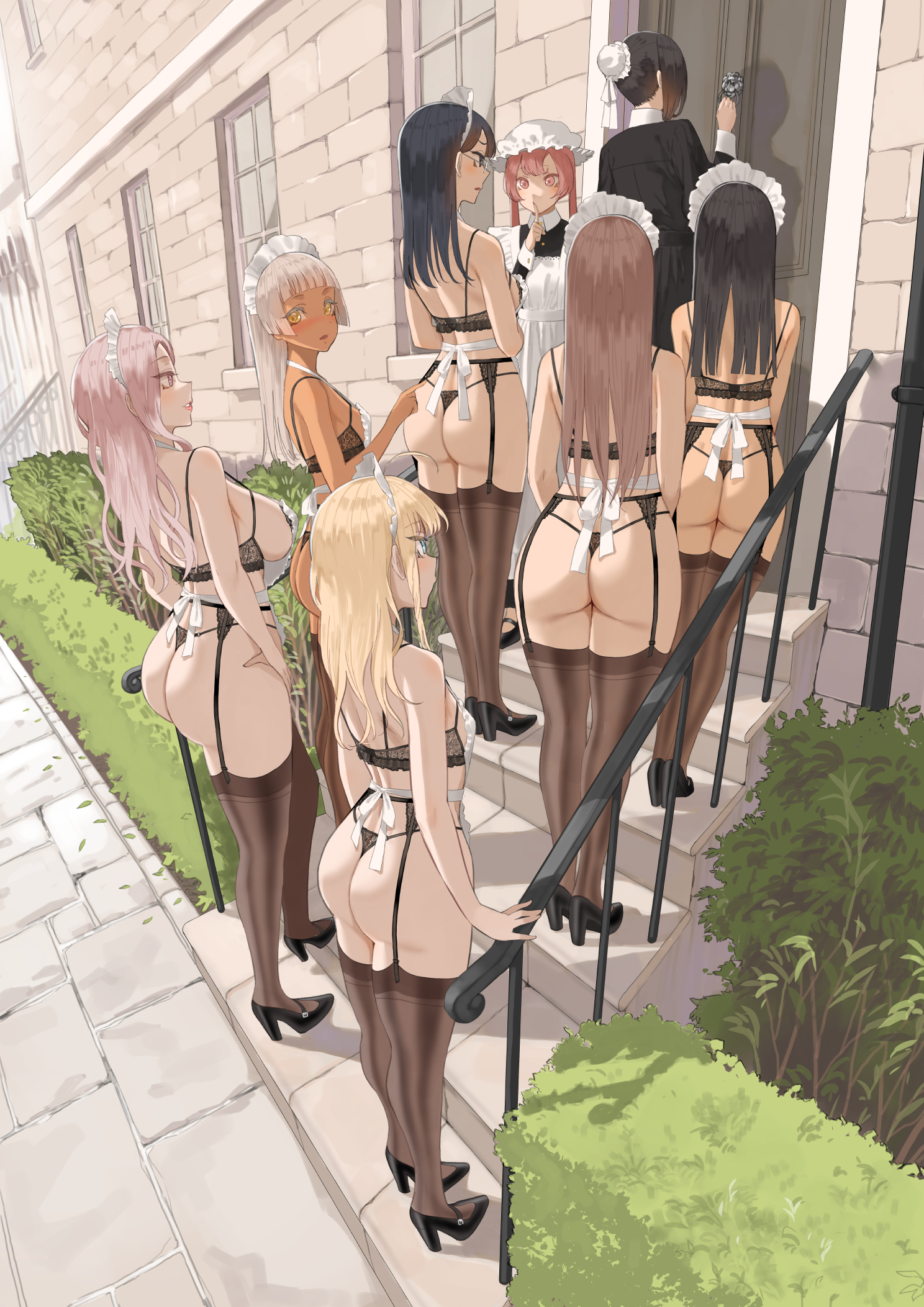 ass, black hair, blonde hair, blush, bra, breasts, dark skin, dark-skinned female, door, exhibitionism, female, female only, large ass, large breasts, long hair, maid, multiple females, multiple girls, outdoors, panties, shiny skin, short hair, small breasts, tagme, thick thighs, throtem