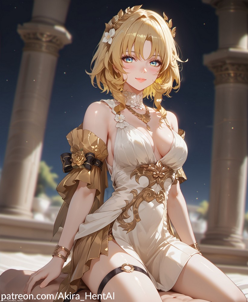 aglaea_(honkai:_star_rail) ai_generated akira_hentai bare_shoulders big_breasts blonde_female blonde_hair blonde_hair_female dress goddess gold_jewelry gold_trim golden greek honkai:_star_rail inviting_to_oral looking_at_viewer looking_pleasured milf mommy on_lap patreon_reward patreon_username sitting_on_lap sitting_on_person