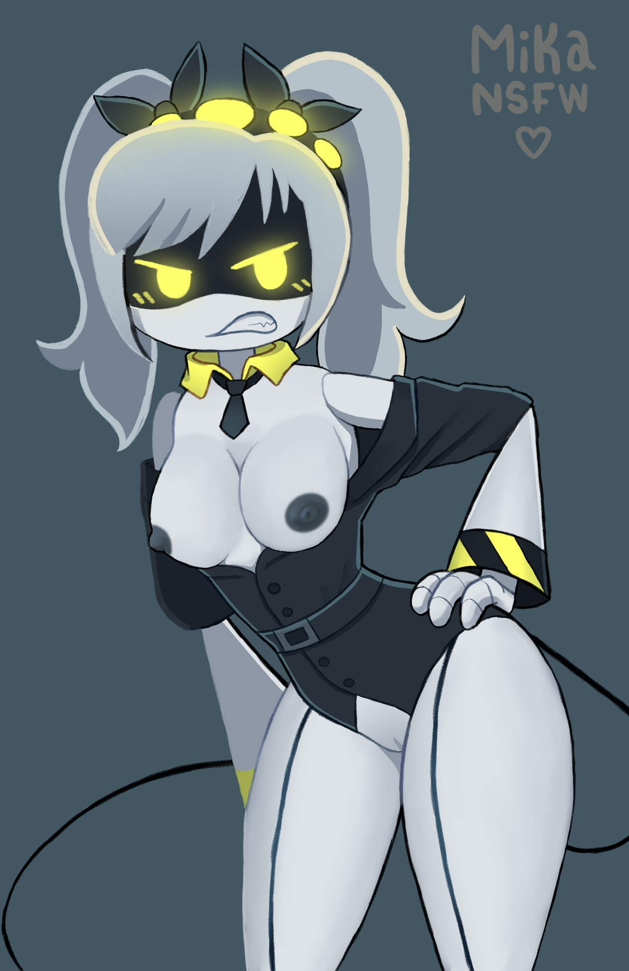 1girls blush female hairband hand_on_hip j_(murder_drones) long_hair mikansfw murder_drones necktie open_clothes open_shirt partially_clothed robot robot_girl robot_humanoid screen_face shaved_pussy solo solo_female tail twintails white_body white_hair yellow_eyes