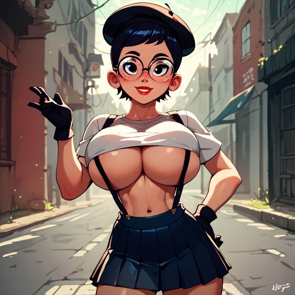 1girls ai_generated beret big_breasts black_beret black_hat black_skirt bow bowtie breasts breasts busty busty_female carmen_sandiego_(2019) carmen_sandiego_(franchise) clothes_lift complex_background female female female_focus female_only glasses gloves hat julia_argent julia_argent_(carmen_sandiego) large_breasts lips lipstick looking_at_viewer midriff shirt_lift short_hair skirt solo solo_female solo_focus standing suspensions underboob white_shirt zupern0va_(manipper)