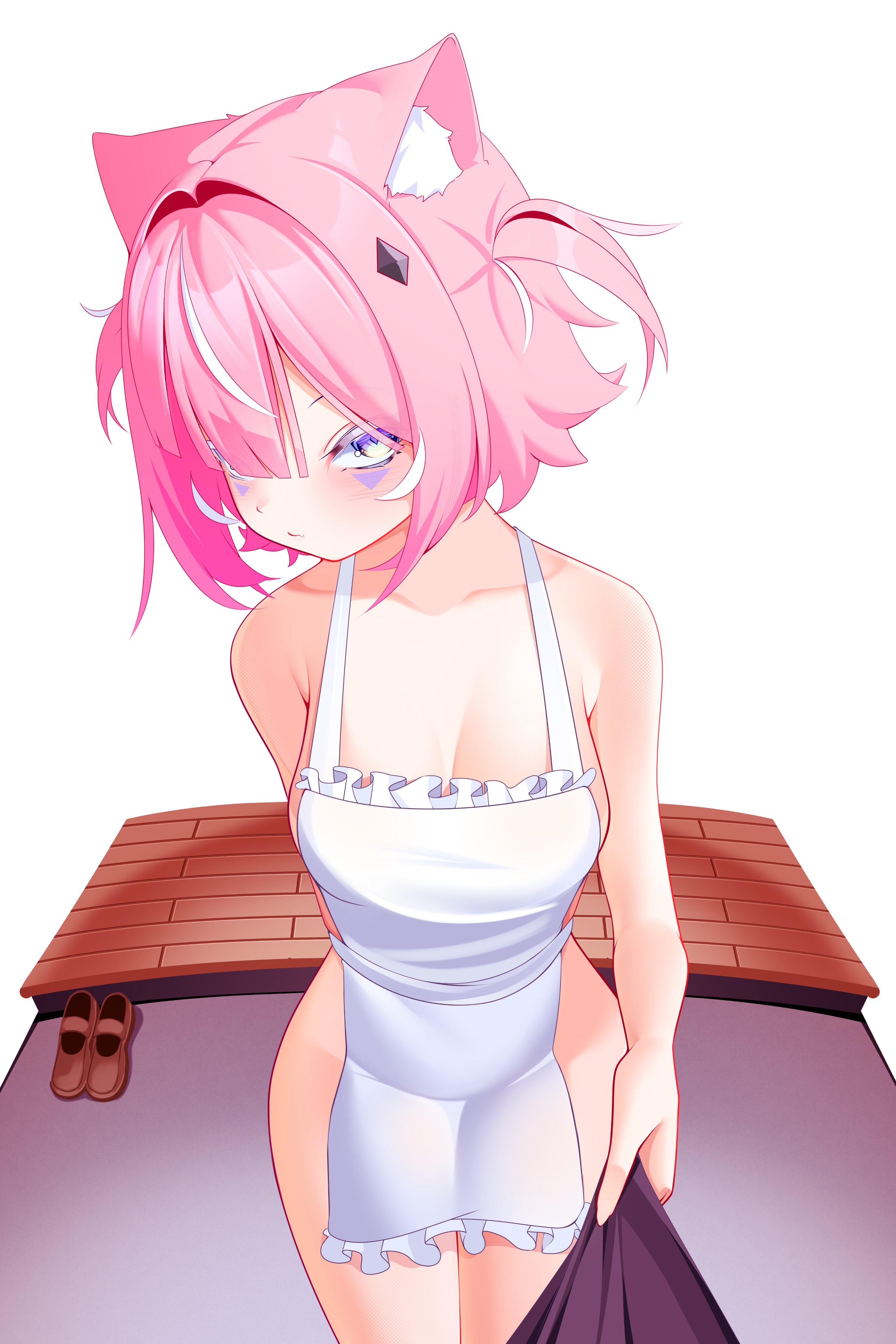 blue eyes, camila (vtuber), cat ears, indie virtual youtuber, makeup, marking below eyes, mats kuro, naked apron, pink hair, virtual youtuber