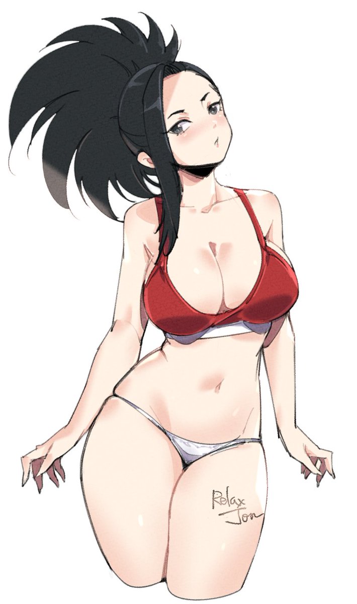 1girls big_breasts black_eyes black_hair bra breasts female female_focus female_only looking_at_viewer momo_yaoyorozu my_hero_academia panties ponytail relaxjon solo solo_female solo_focus thick_thighs