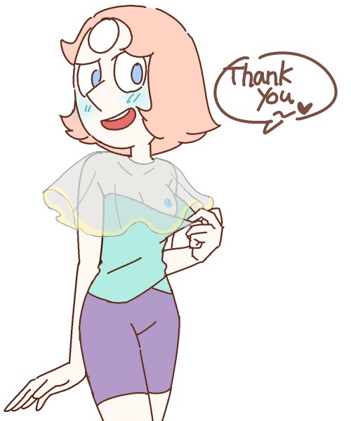1girls, blush, breasts, clothed, english text, female, female only, flashing, gem (species), gnome-no, one breast out, pearl (steven universe), solo, steven universe, text