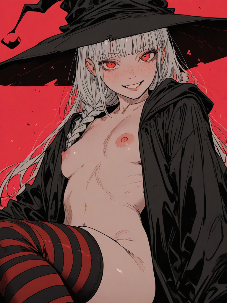 1girls ai_generated cherrae_(kosine1777) cloak flat_chest flat_colors freckles kosine1777 kosineverse large_hat long_hair nipples nude original original_character red_eyes single_braid small_breasts standing stockings striped_stockings white_hair witch witch_hat