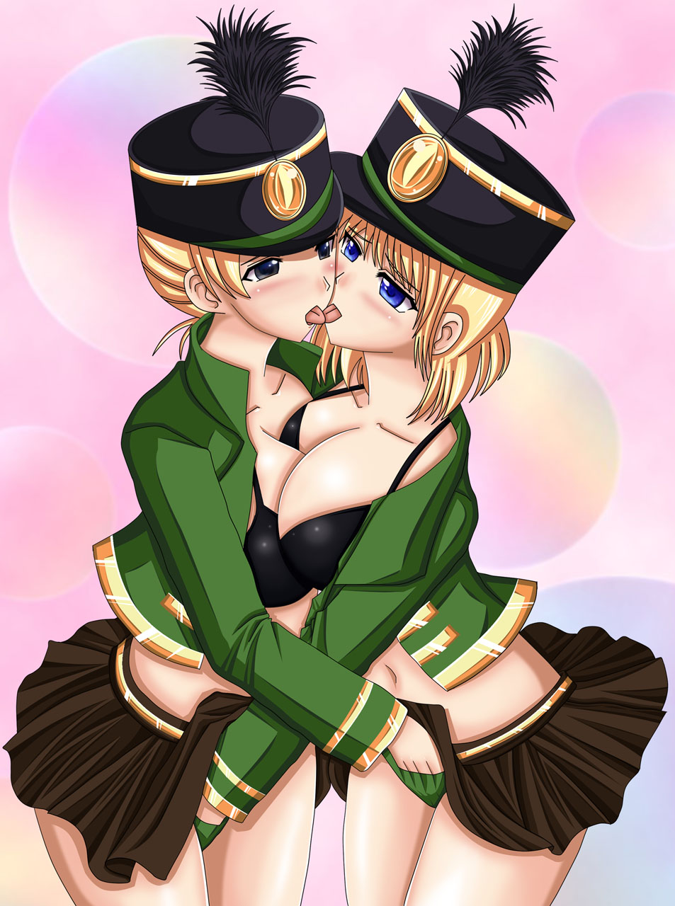 2girls asymmetrical_docking bare_legs black_bra black_eyes blonde_hair blue_eyes blush bra breast_press breasts cleavage collarbone destination_calabria eye_contact female fingering french_kiss hat highres jacket kissing large_breasts legs long_sleeves looking_at_another midriff multiple_girls mutual_masturbation mutual_yuri navel neck seraphina short_hair skirt standing uniform yuri