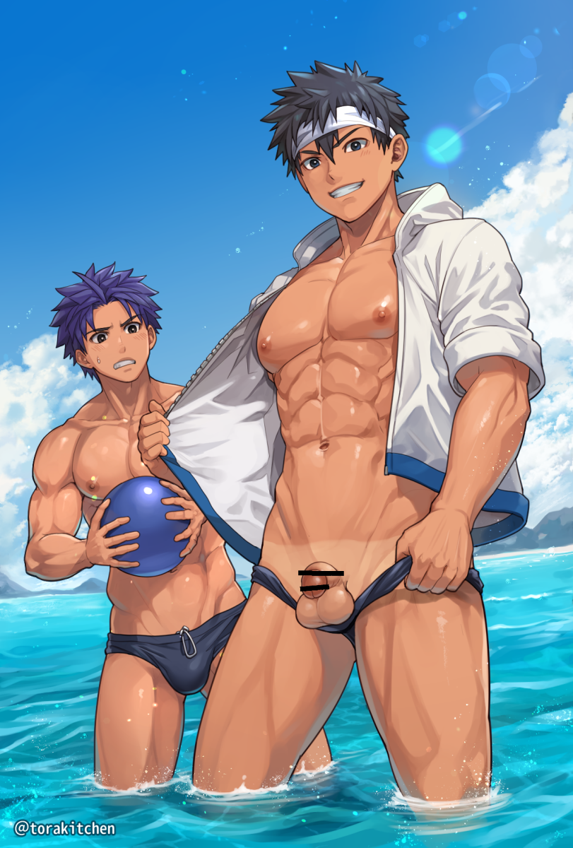 2boys abs balls beachball beefy biceps big_areola big_breasts big_bulge black_eyes black_hair blue_eyes blush_lines bulge bulge_through_clothing censor_bar censored censored_penis circumcised cloud collar ebitendon flaccid gay grin hi_res holding_object hoodie looking_at_another looking_at_penis looking_at_viewer male male_breasts male_only mature_male morning muscles muscular muscular_arms muscular_legs muscular_male muscular_thighs navel navy_blue_hair open_clothes open_mouth oppai original original_character pecs pulling_down_pants purple_hair seaside shallow_water shameless short_hair six_pack sky small_penis standing standing_in_water sunlight sweat sweatdrop swim_briefs swimsuit tan tan_body tanline topless torakichi_(ebitendon) torakitchen yaoi young zipper