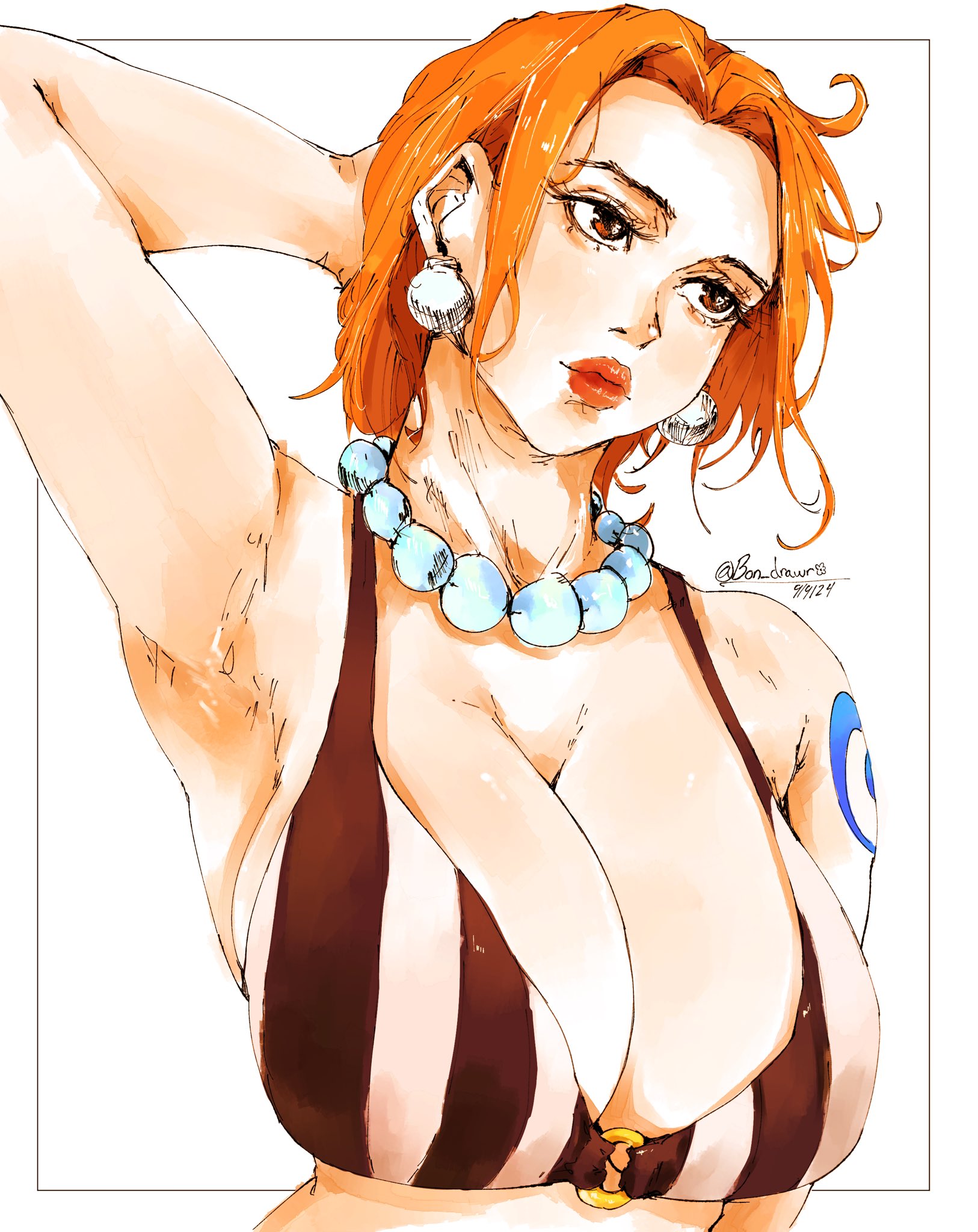 1girls, arm tattoo, armpits, arms up, bikini top, blue tattoo, bon drawr, breasts, cleavage, clothing, female, female only, large breasts, looking away, nami (one piece), one piece, orange hair, orange-haired female, pearl earrings, pearl necklace, tattoo