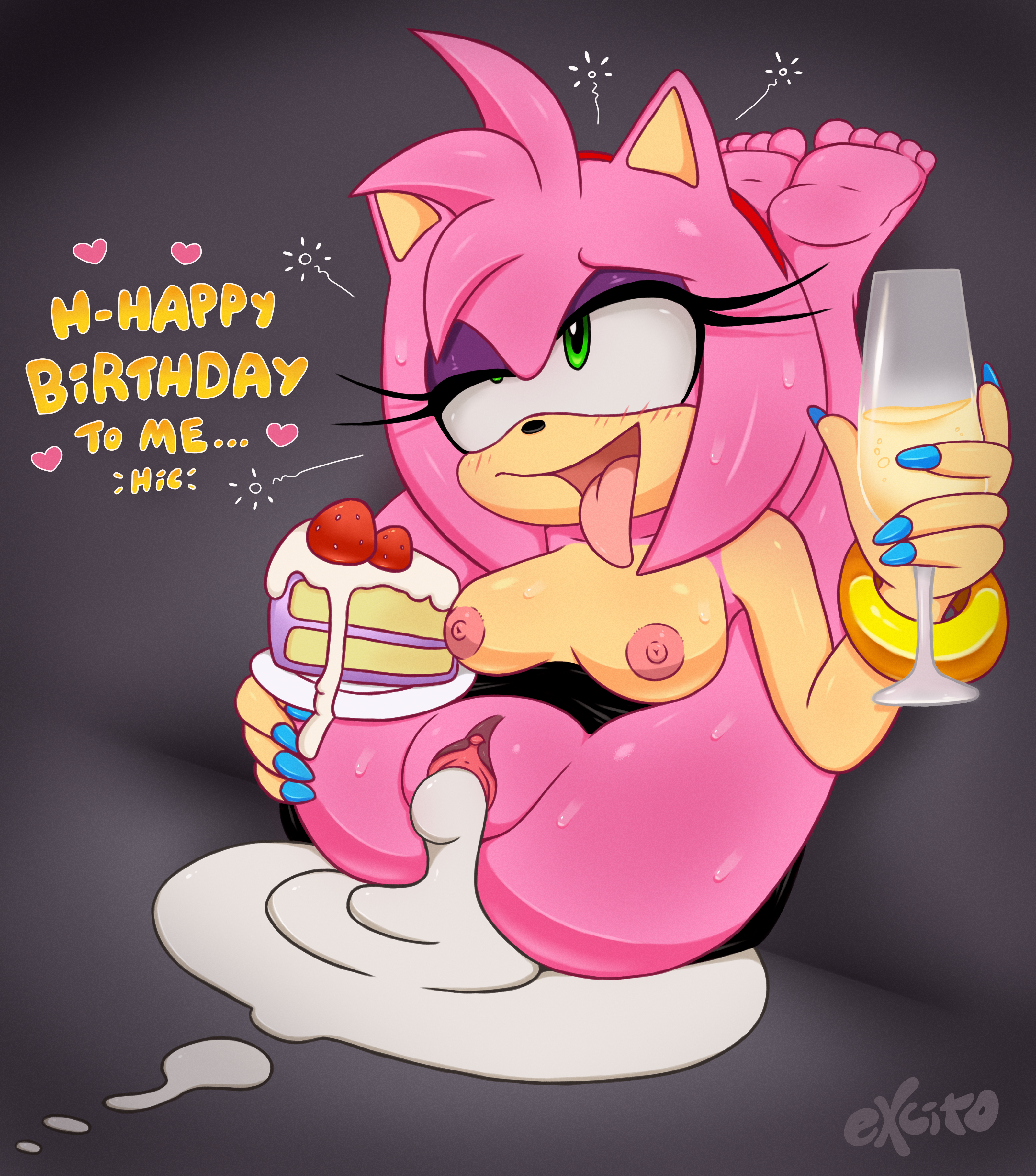 after sex, after vaginal, ahe gao, amy rose, birthday, breasts, cake, cum, cum in pussy, drunk, excito, female, flexible, food, food play, green eyes, legs behind head, makeup, medium breasts, nipples, pink hair, pussy, semen, solo, sonic (series), sonic the hedgehog (series), sweat, tongue, tongue out