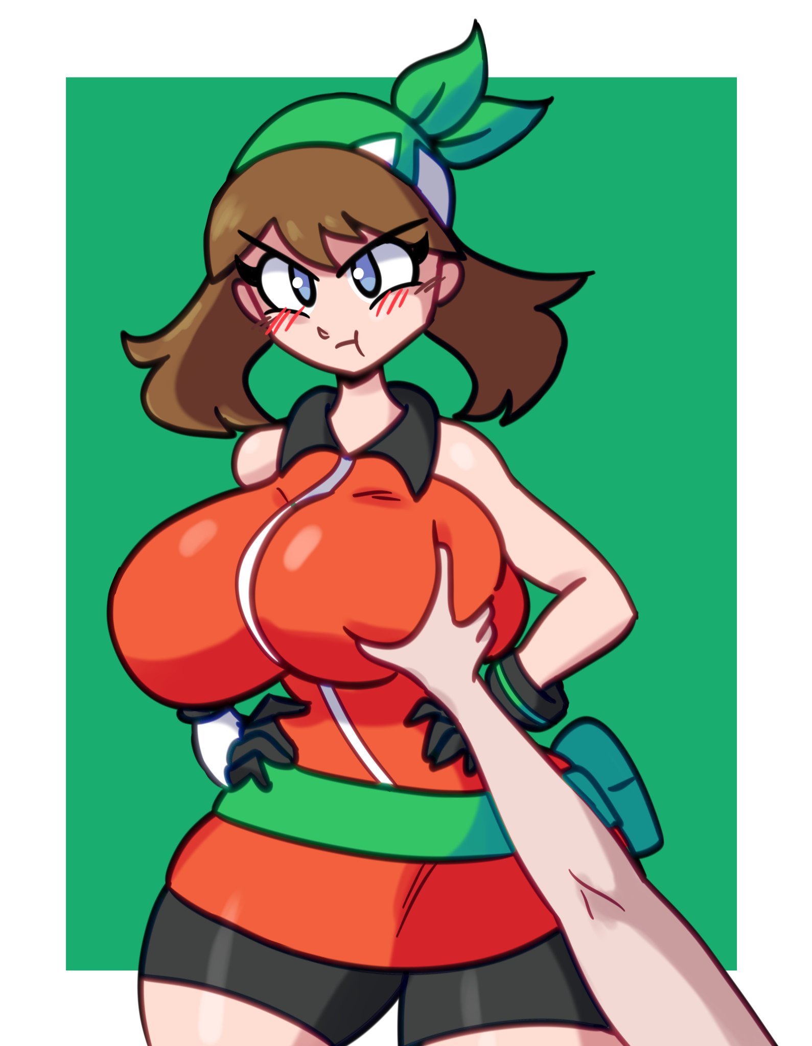 angry, bandana, breasts, brown hair, clothed, creatures (company), female, female only, full comfort, game freak, gloves, green bandana, huge breasts, looking at viewer, may (pokemon emerald), may (pokemon), nintendo, orange shirt, pokemon, pokemon (game), pokemon dppt (anime), pokemon trainer, shirt, sleeveless, sleeveless shirt, solo, tank top, thick thighs, touching breast